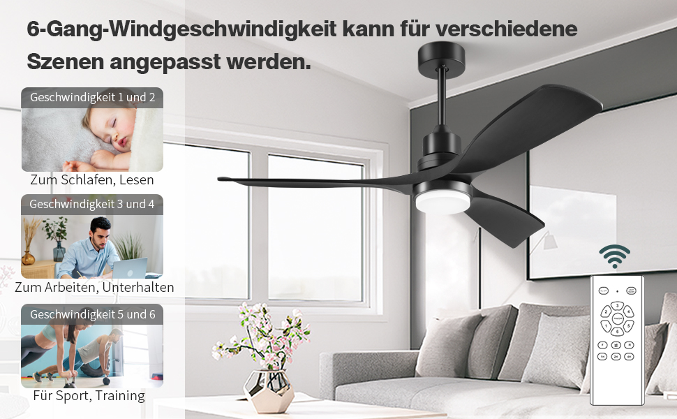 Стеляний вентилятор з підсвічуванням та пультом дистанційного керування, тихий DC двигун, 132 см/52 дюйми, 3 дерев'яних лопаті, таймер, 6 швидкостей, сертифікований ETL, режим літо/зима для спальні (132 см/52 дюйми, Чорний)
