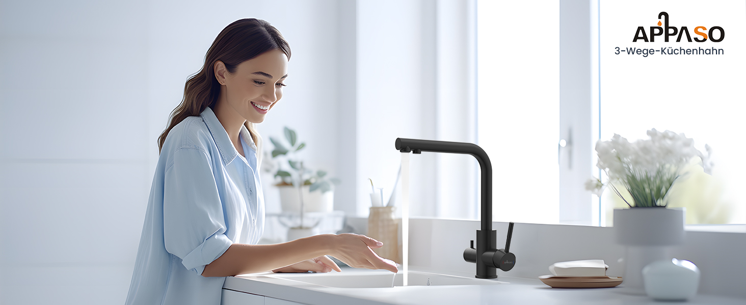 Кран кухонний APPASO 3-в-1 чорного кольору, з трьома виходами, для фільтрації води, поворотний на 360°, з двома важелями, з нержавіючої сталі
