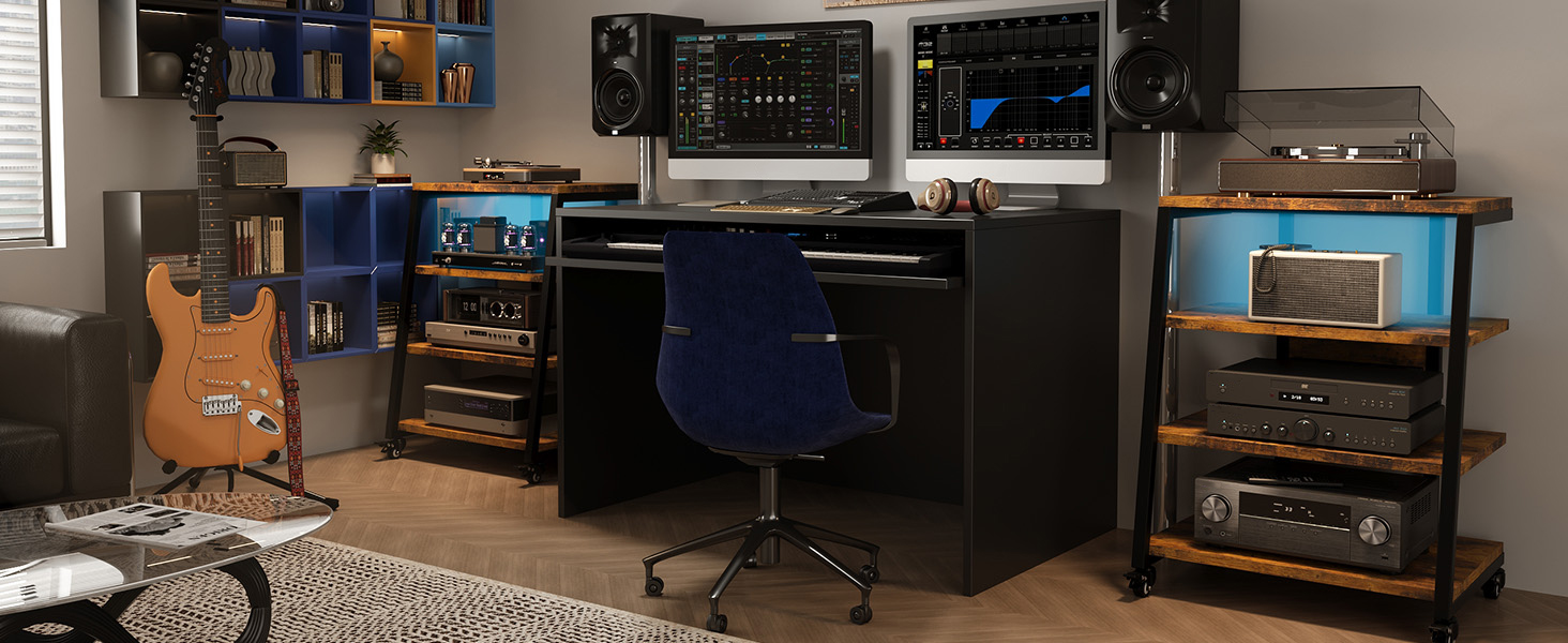 Hi-Fi тумба з колесами для програвача, з розетками, LED підсвіткою, дерев'яний медіа-стійка для аудіо, стерео, TV, 60x52x78 см