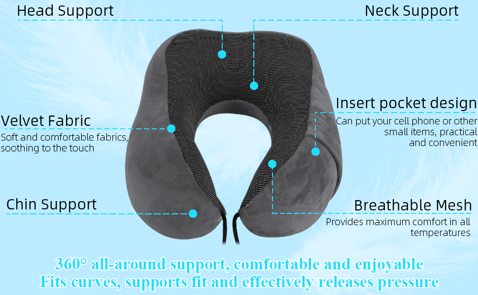 Подушка для шиї у вигляді їжачка Memory Foam для подорожей, дорослі, з навушниками, маскою для очей та сумкою, м'яка, дихаюча, для авто, літака, кемпінгу, офісу, блакитна