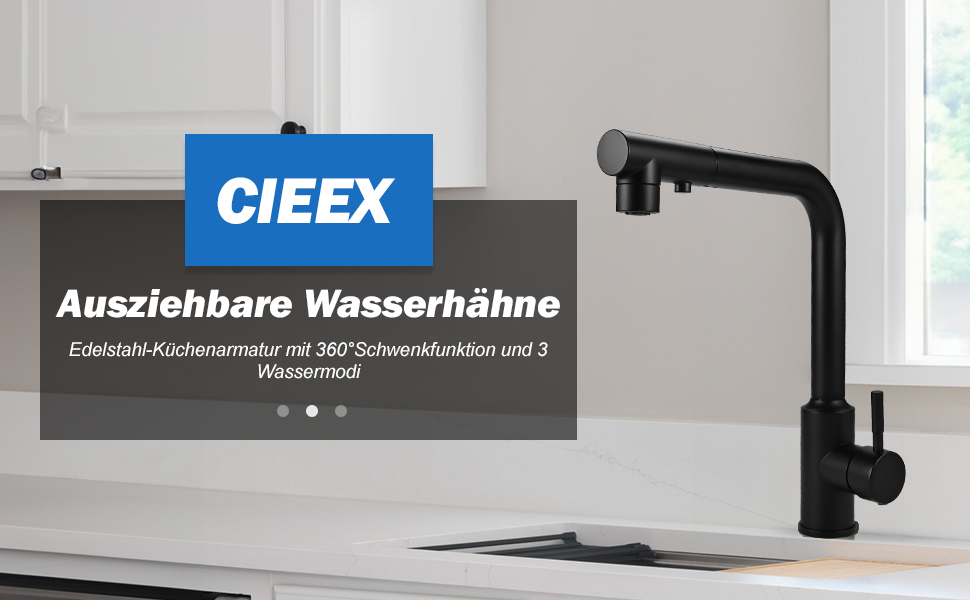 Кран кухонний висувний Cieex, 360° поворот, 4 режими, з душем, нержавіюча сталь, чорний