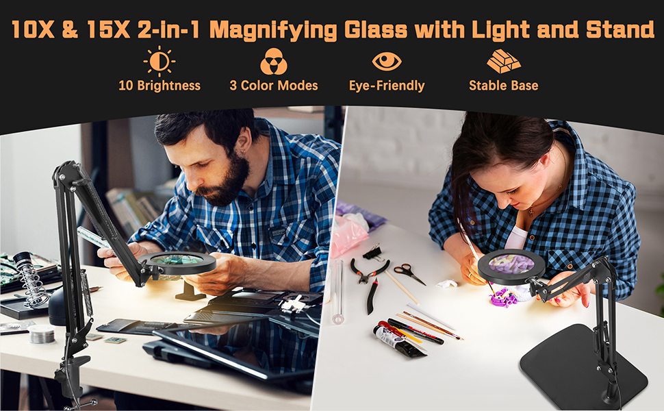 Лупа Jubor 2-в-1 з підсвічуванням та підставкою, 15x/10x, LED, з кріпленням та основою, настільна лампа, 3 режими, регулювання яскравості, для хобі, ремонту, DIY, чорна