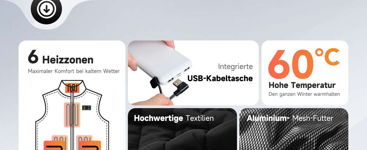 Обогріваючий жилет, жилет з підігрівом для жінок та чоловіків, тепла куртка з акумулятором, куртка з підігрівом з Powerbank, 7.4V/5.0V куртка з 3 рівнями налаштування температури, 6 зон обігріву, теплий жилет, зимова куртка, водонепроникний одяг з акумулятором, чорний - 10000mAh 5V Powerbank