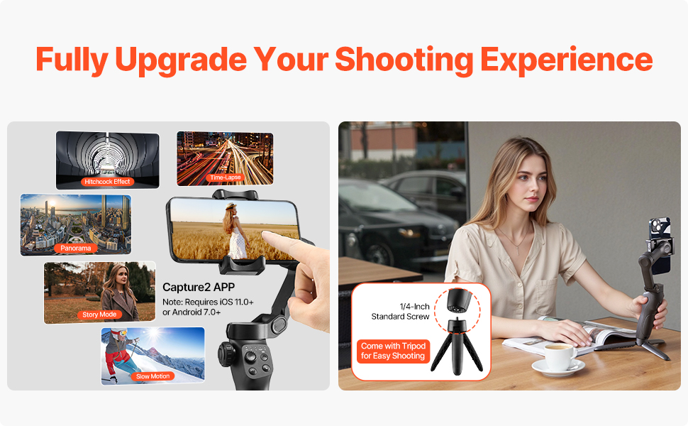 Стабілізатор для смартфона VEVOR з 3-осьовою стабілізацією, трекінг облич/об'єктів, штатив, портативний та складаний, для відеозйомки, DC 3,5–4,2V, без підсвічування, підтримка додатків