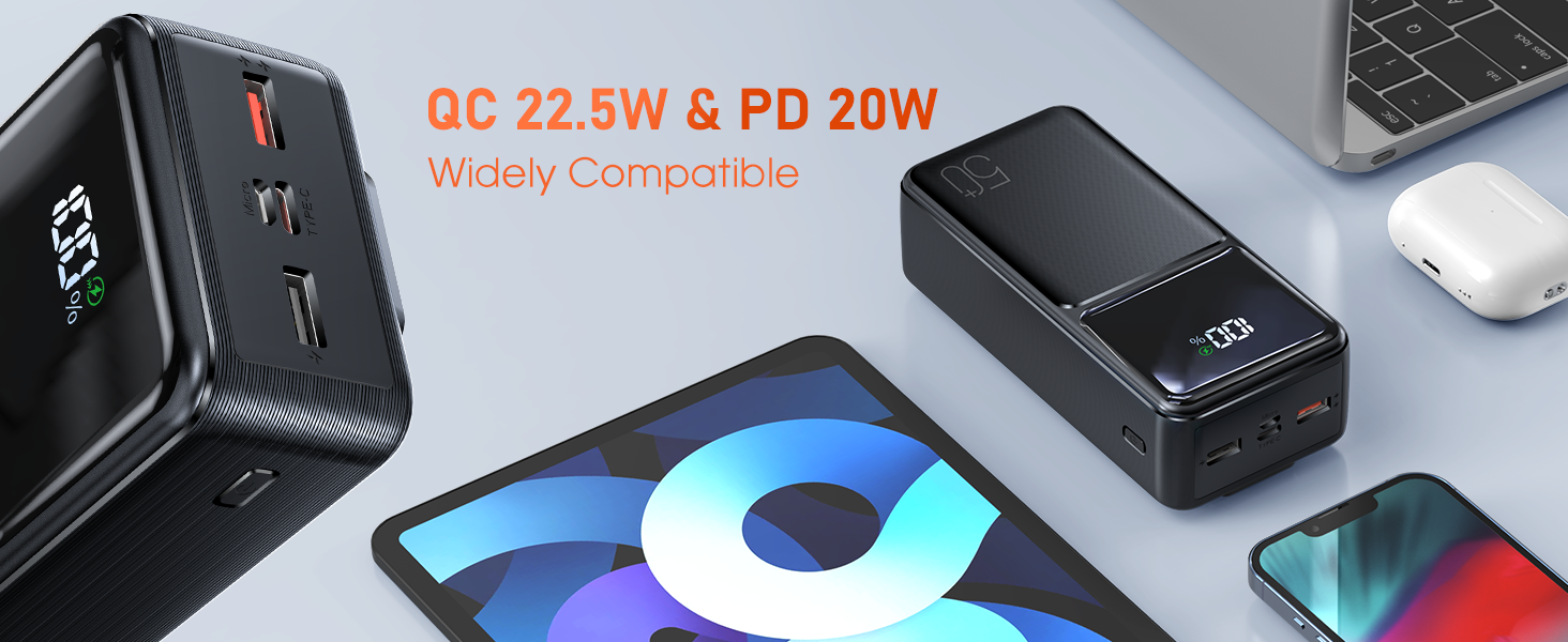 Power Bank 50000mAh з кабелем, швидка зарядка USB-C PD20W/QC22.5W, LED-індикатор, 2 входи/5 виходів, для телефонів, планшетів, подорожей, кемпінгу - Чорний