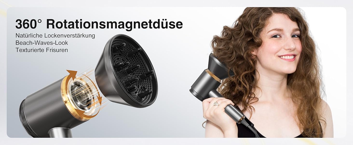 Іонський фен Feekaa з дифузором та магнітною насадкою, для подорожей та кучерявого волосся, 4 температурні режими, матовий чорний