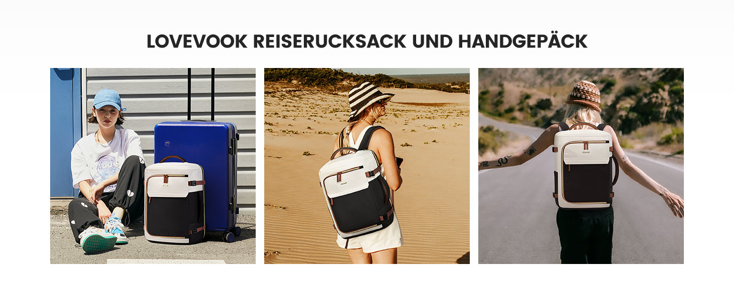 Рюкзак LOVEVOOK для ручної поклажі літака, жіночий, 50L, для подорожей, бізнесу, школи, чорний+бежевий+коричневий