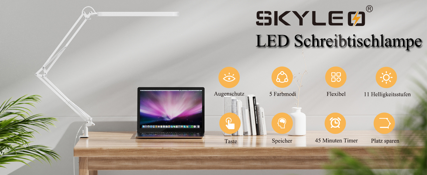 SKYLEO LED Desk Lamp - Adjustable Gooseneck, 5 Color Modes, 11 Brightness Levels, Timer & Memory Function, 12W, 16.5