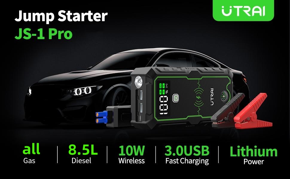 Бустерний пускач автомобіля UTRAI 6000A Powerbank 27000mAh з індукційною зарядкою 10W, ліхтариком, компасом та молотком для бензинових та дизельних двигунів до 10л, зелений