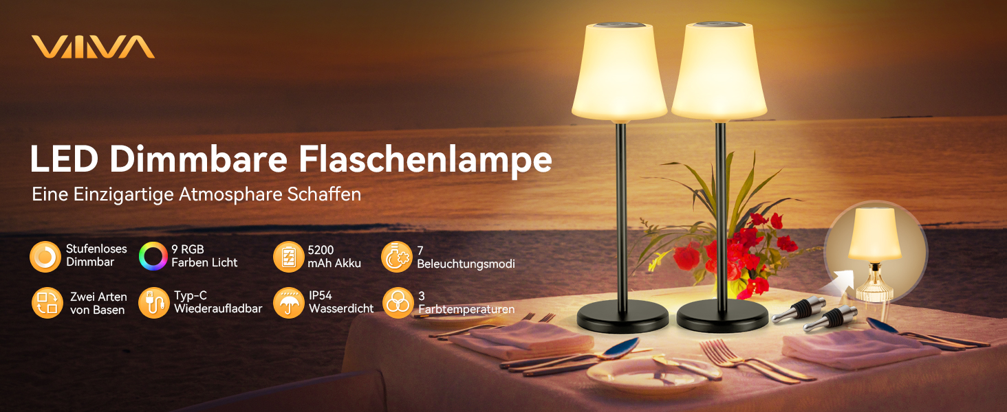 LED настільна лампа акумуляторна 2 шт, біла, IP54, диммування, сенсорне управління, для ресторанів, спальні