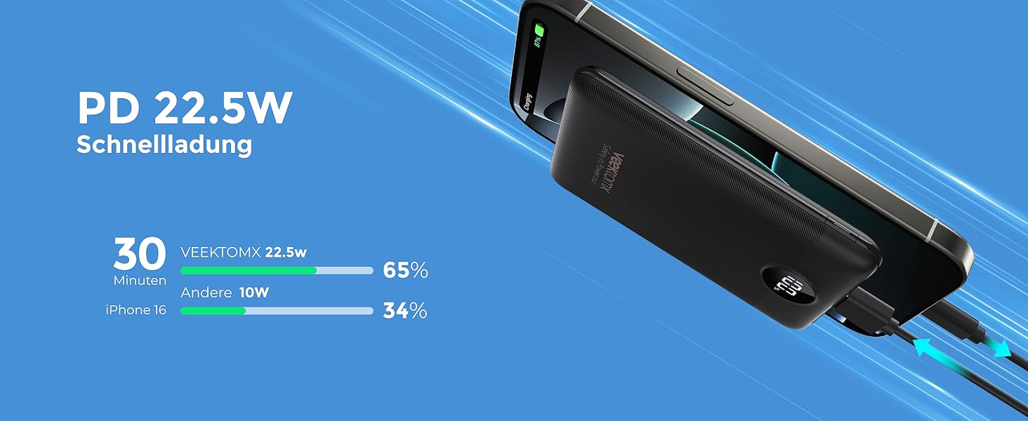 Power Bank VEEKTOMX 10000mAh: Компактний повербанк 22,5W з PD 3.0 та QC 3.0, USB-C, для iPhone/Samsung/Huawei/Xiaomi/AirPods/iPad, чорний