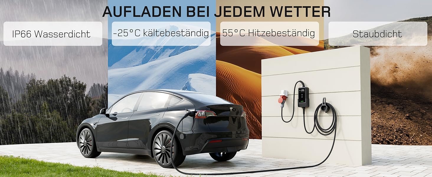 Зарядна станція для електромобілів Dé 11 кВт (3 фази, 6-16A) з регульованою потужністю, кабель CEE 16A - Type 2, сумісна з Model Y/3, ID.3/4/5, MG4, EX30, e-up, e-tron та BEV/PHEV, комплект 7м