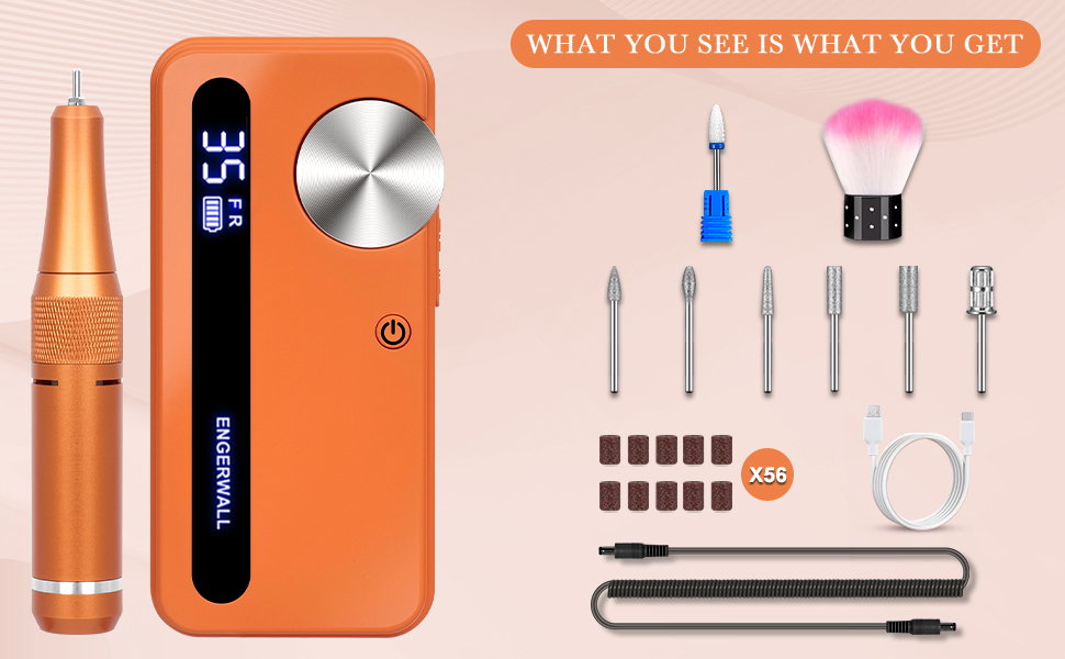 Професійний фрезер для нігтів ENGERWALL 35000 об/хв, акумуляторний, для гелю та акрилу, електричний, манікюрний набір з 7 насадками та 56 шліфувальними стрічками, темно-срібний