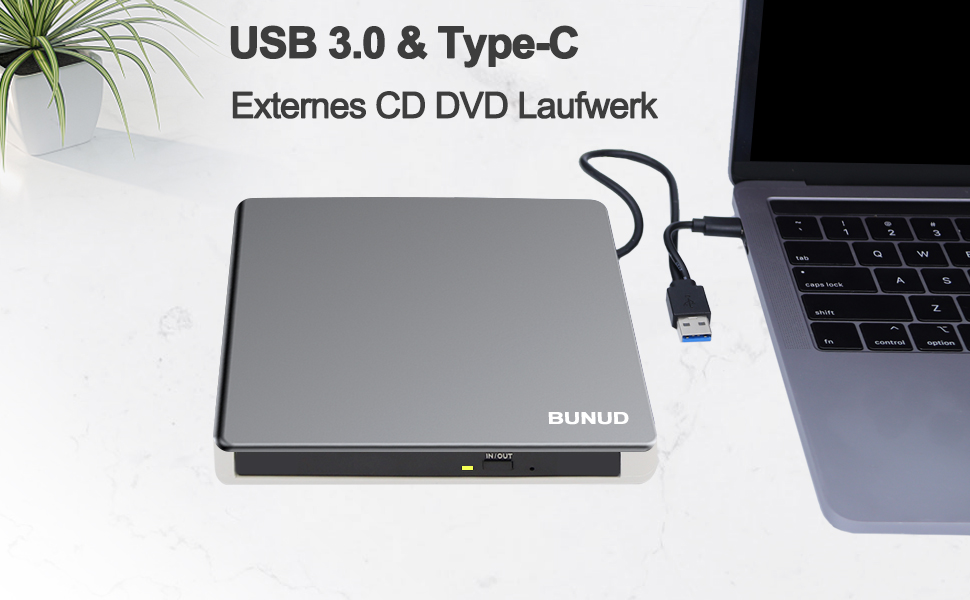 Зовнішній CD/DVD привід BUNUD для ноутбука та ПК: USB-C DVD-брунер з картридером SD/TF та 2 USB-портами для Windows 11, Mac, MacBook