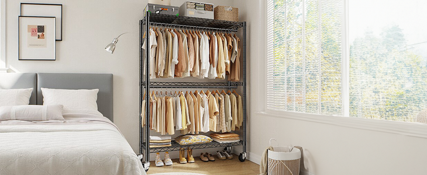 Вішалка для одягу на коліщатках 90x40x200 см, вантажопідйомність 150 кг, 2 висувні штанги, регульована полиця, великий об'єм для зберігання одягу, стабільна та мобільна