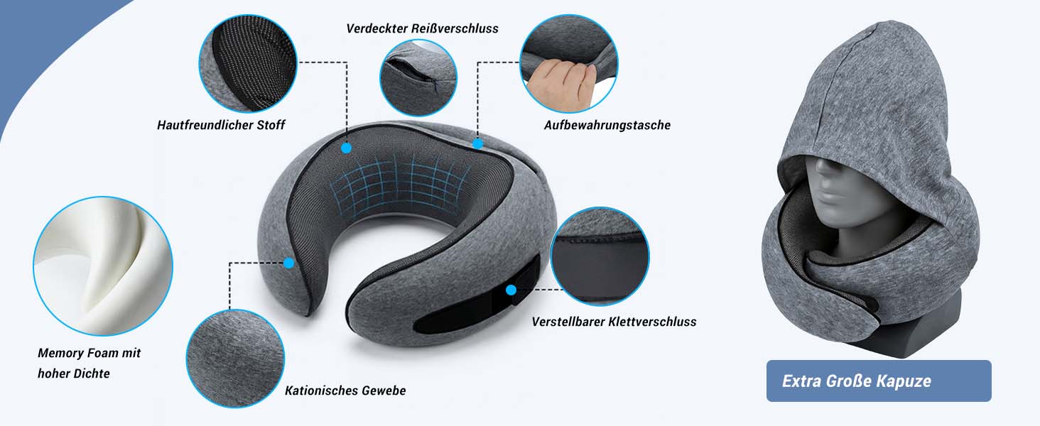Подушка для подорожей з капюшоном, Memory Foam, темно-сіра. Підтримка шиї для літака, авто та дому