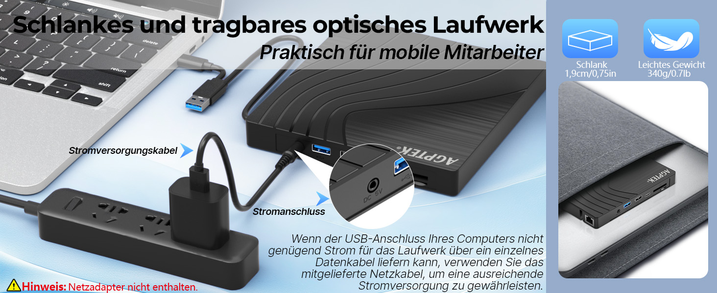 Зовнішній DVD-накопичувач AGPTEK USB 3.0 Slim CD/DVD-брунер з картридером TF/SD для ноутбука, MacBook, Windows, Linux, Mac OS