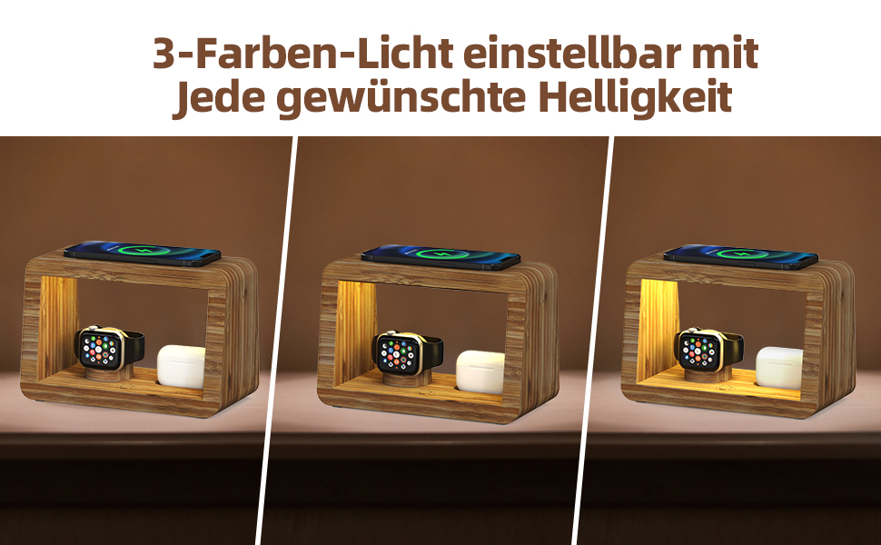 Багатофункціональна заряджна станція 5-в-1 з бездротовим зарядним пристроєм, світлодіодним нічником та годинником, бамбукова, сумісна з Apple Watch, AirPods, Samsung Galaxy та іншими пристроями