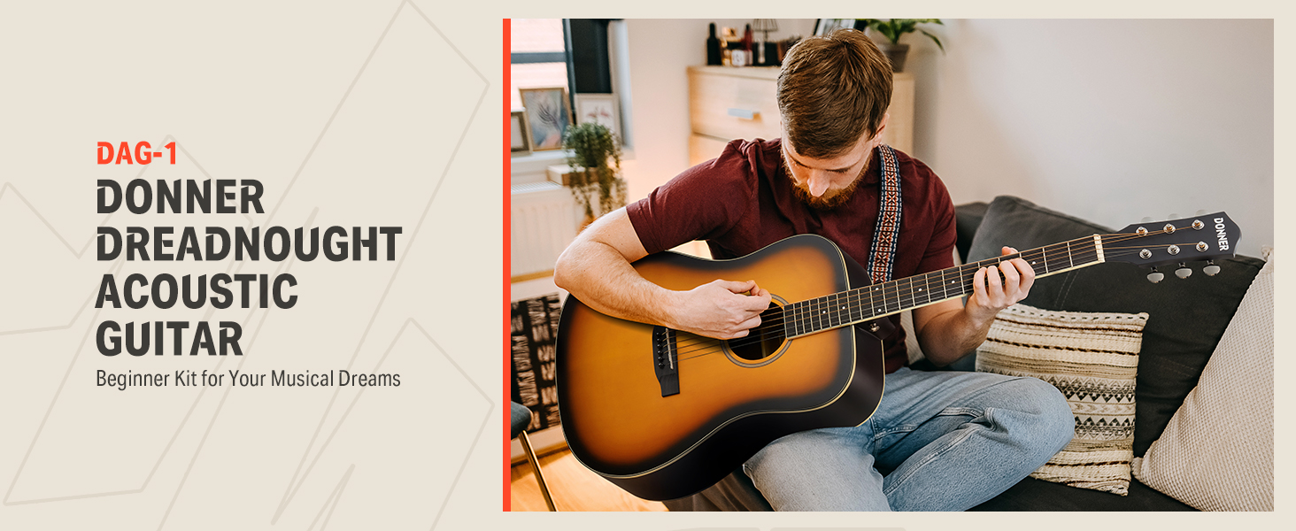 Акустична гітара Donner для початківців, дорослих, 4/4 Dreadnought, 41 дюйм, комплект з аксесуарами (Sunburst)