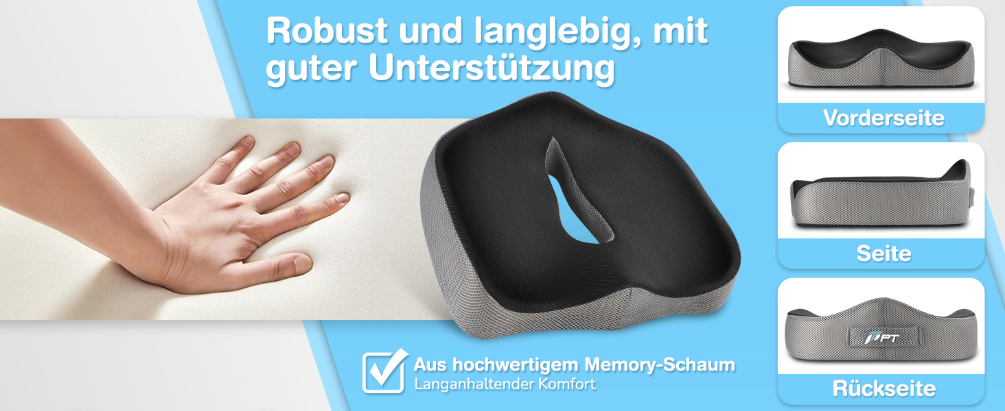 Подушка для сидіння POOTACK - для офісного крісла та авто, комфорт, піна з пам'яті, дизайн з отворами та U-подібною формою, чорний