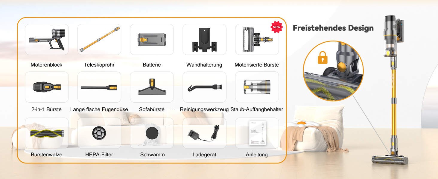 Бездротовий пилосос Aonus 55Kpa 580W з дисплеєм, час роботи до 75 хв, автоматичний режим, для килимів, шерсті тварин та твердих поверхонь, золотий