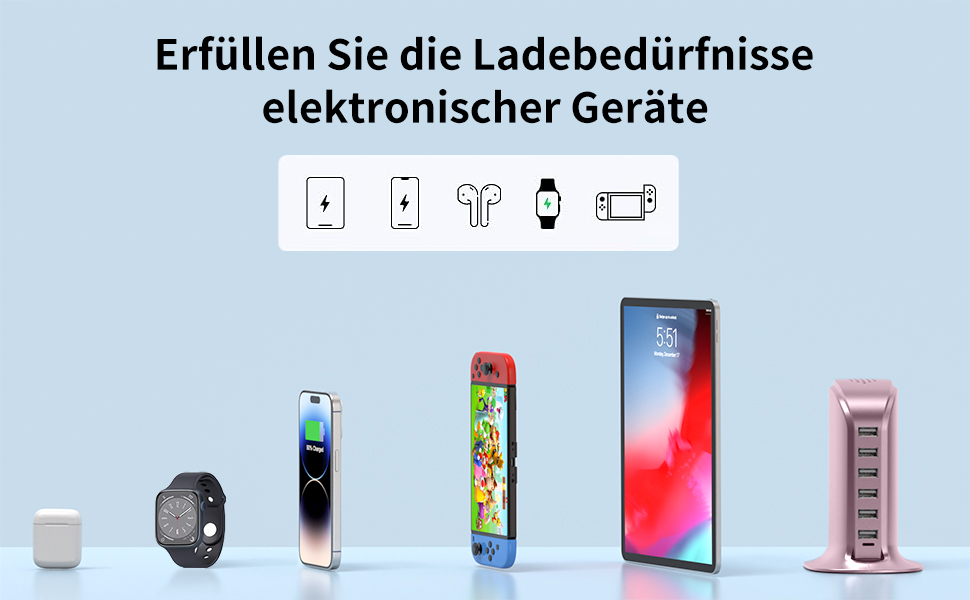 Зарядний пристрій USB багатопортовий 6 портів 25W/50W для iPhone, Samsung, LG, Huawei (Чорний/Рожевий)