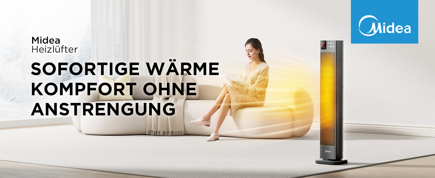 Електричний обігрівач Midea Ceramic 2000W з термостатом, 3 режими, таймер 24 год, захист від перегріву та перекидання, миттєве тепло для офісу та спальні (сірий, 76 см)