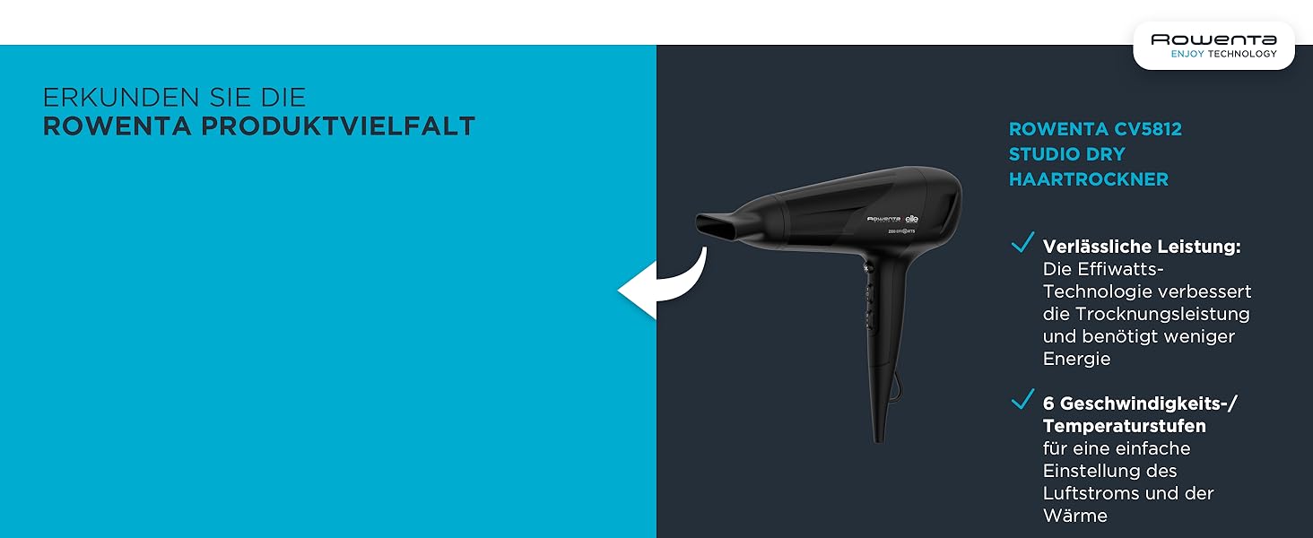 Фен Rowenta CV6030 Haartrockner Eco Intelligence Instant Dry з технологією Air Booster | 1500 Вт, 3 температури, 2 швидкості, холодне повітря, чорний