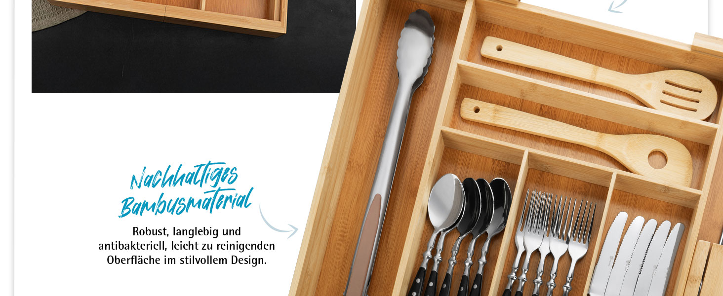 Органайзер для столових приборів Gräwe з бамбука для кухонних шухляд, змінний, розсувний 28.5-40.5 см, дерев'яний вигляд