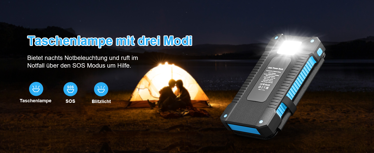 Портативний зарядний пристрій Solar Powerbank 26800 mAh з сонячною панеллю, USB-C, 18W, IPX7, водонепроникний, для iPhone, Samsung та інших, з ліхтариком (SOS, стробоскоп), блакитний