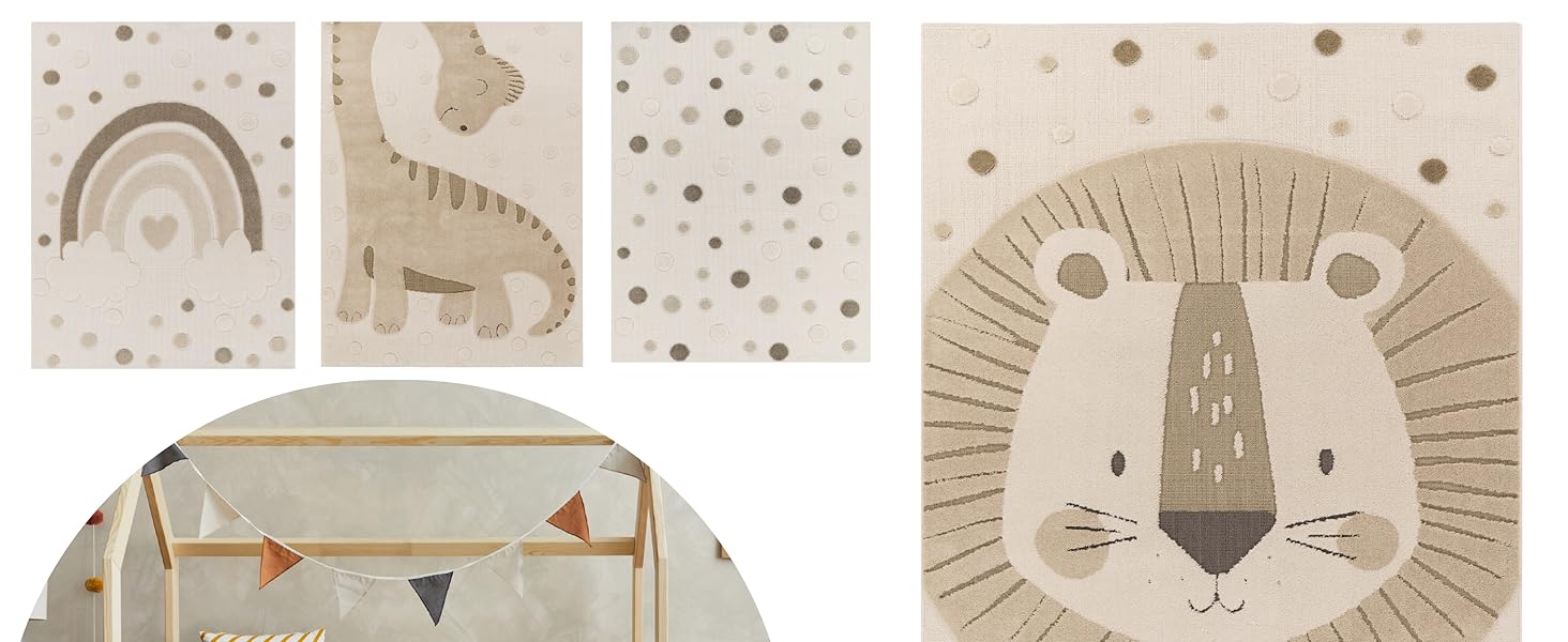 Дитячий килим Paco Home Kinderteppich 80x150 см, бежевий з левом, 3D ефект, м'який, гіпоалергенний, для дитячої кімнати