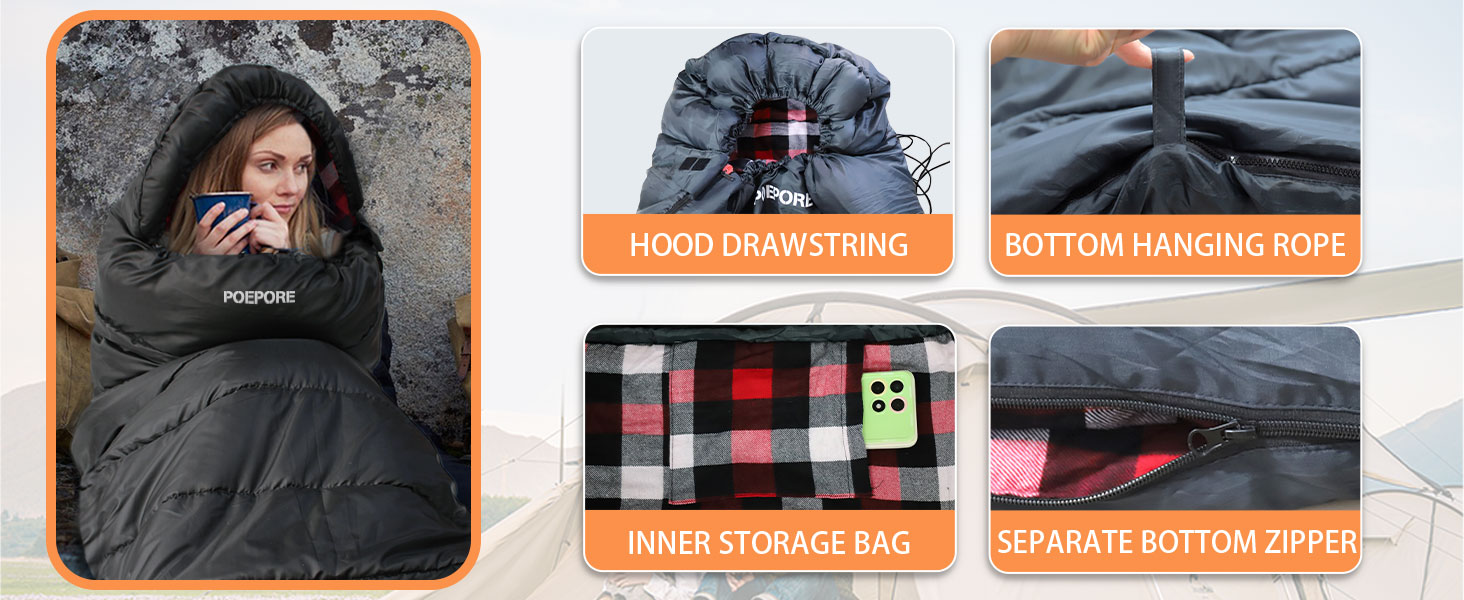 Спальний мішок Poepore Outdoor Winter для дорослих, XXL, 3-4 сезони, теплий бавовняний фліс, 230x100 см, 0°C (сірий, -6°C)