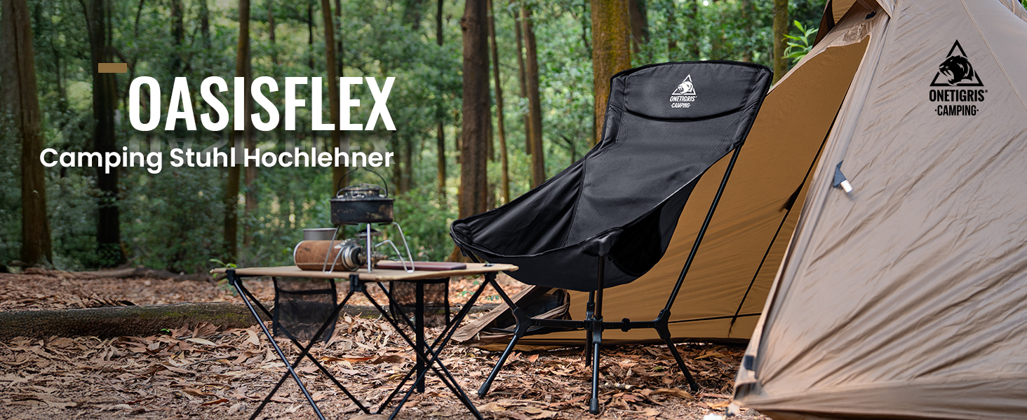 Кемпінговий стілець OneTigris OASISFLEX складний високий, вантажопідйомність 150 кг, чорний. Стілець для риболовлі, походу, відпочинку на природі з бічними кишенями