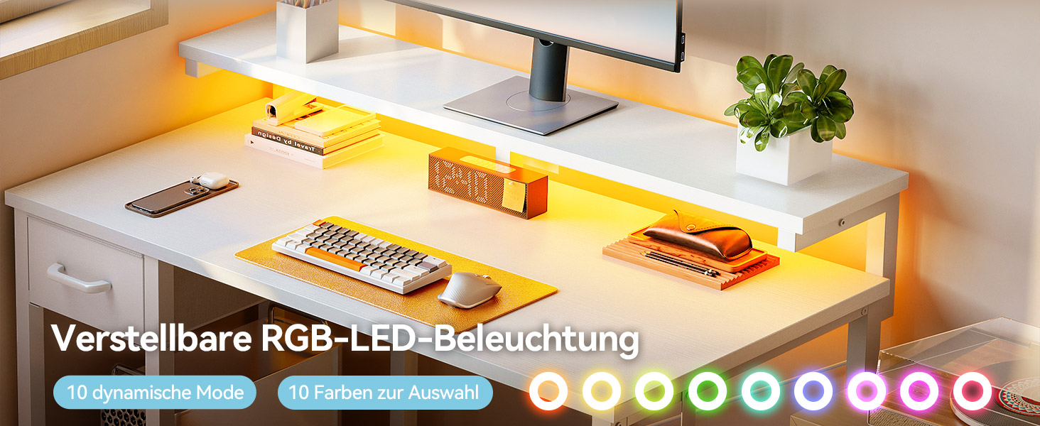 Ігровий стіл Coleshome з LED-підсвіткою та підставкою для монітора, 100×45 см, білий