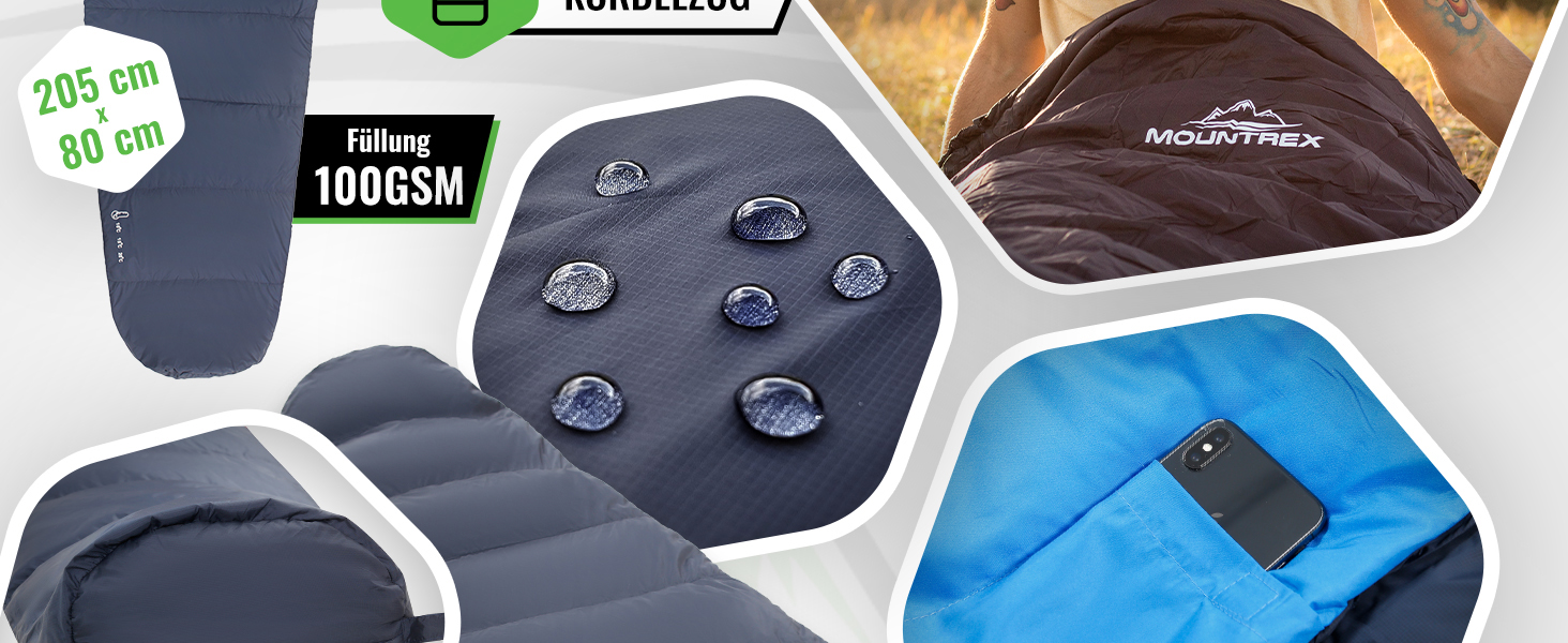 Сплячий мішок MOUNTREX® - компактний та ультралегкий (760г/1500г) - Outdoor (100GSM) / 3-4 сезони (300GSM) - Мумієвидний спальний мішок - для кемпінгу, подорожей, фестивалів - теплий та з'єднувальний (Темно-синій/Синій), літній спальний мішок