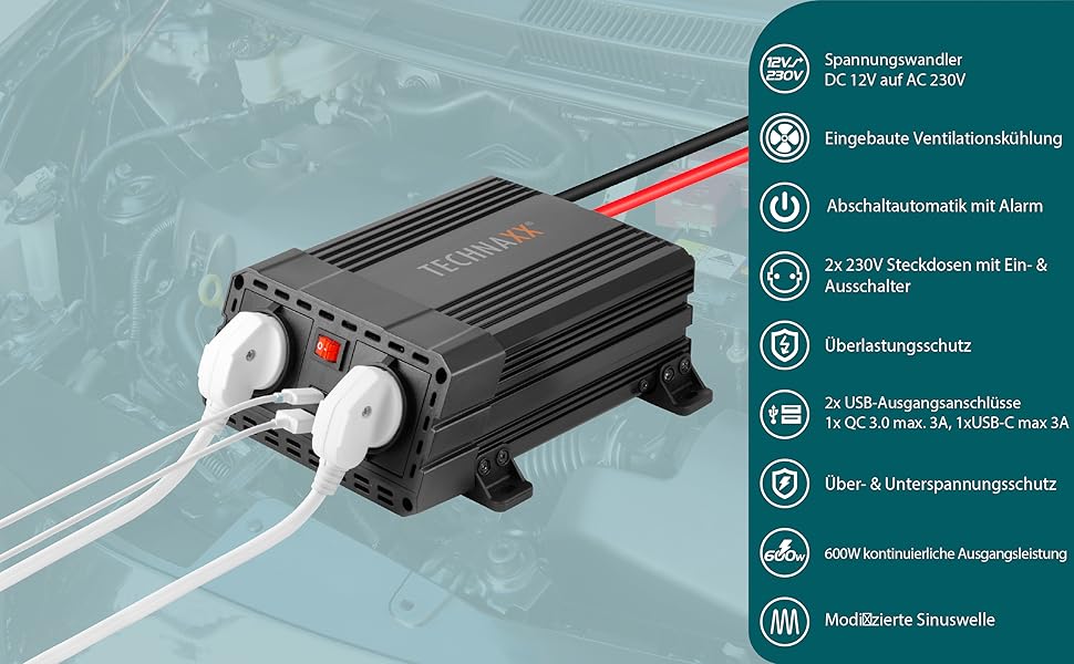 Автомобільний інвертор Technaxx TE19 12V–230V, 600Вт, 2x Schuko, 2x USB, сертифікований TÜV Rheinland