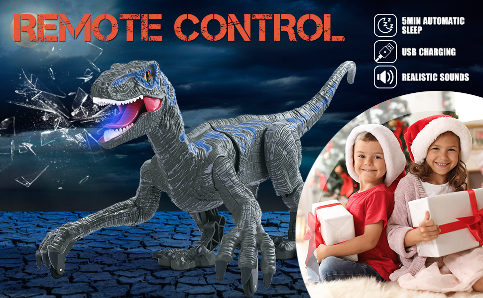 Дитяча іграшка-динозавр на радіоуправлінні Velociraptor, електронний, з LED підсвіткою та реалістичними звуками, 2.4 ГГц, подарунок для дітей, сірий