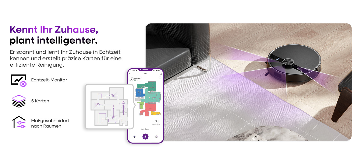 Робот-пилосос MONSGA з функцією миття, потужність 5000Pa, час роботи 180 хв, система захисту від спутання, навігація LiDAR, для килима, шерсті тварин, керування через додаток та пульт (чорний)