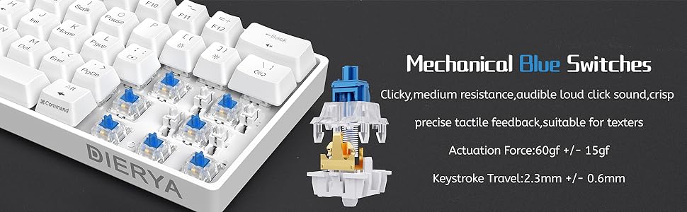 Dierya DK61se - Механічна ігрова клавіатура 60%, Blue Switch, компактний дизайн, USB-C, US Layout, білий колір