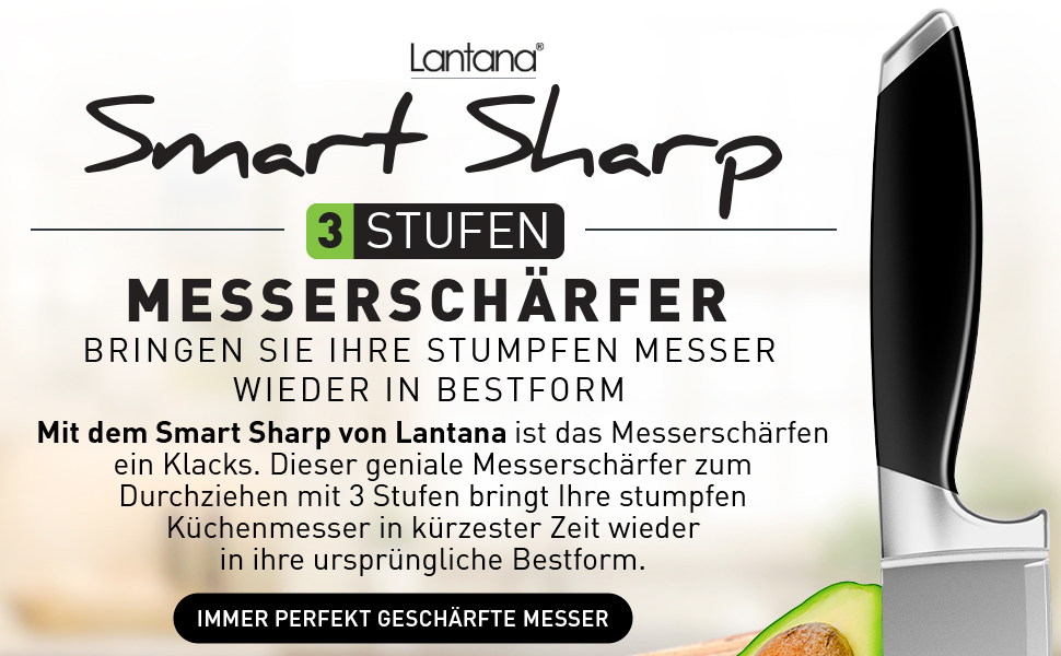 Точилка для ножів Lantana Smart Sharp - професійний набір для заточування кухонних ножів. 3 ступені (кераміка, вольфрам карбід, діамант), ергономічний дизайн, чорний та хром.