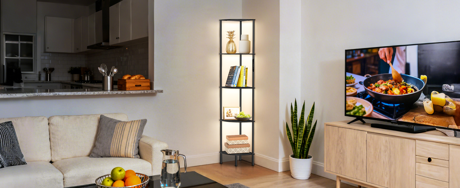 Стійка лампа OUTONLIFE з полицями, LED, 3 режими, регулювання яскравості, пульт, 5 ярусів, для вітальні, спальні, офісу, колір: Rustic Brown