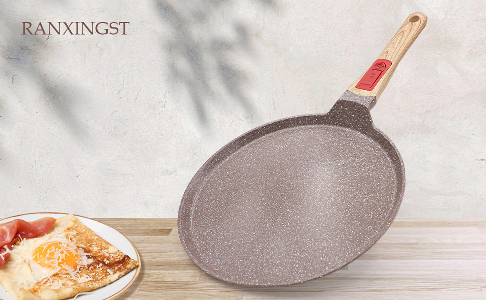 RANX INGST Crepe Pan with Detachable Handle - Non-Stick Ceramic Coating - Pancake Pan with Batter Spreader - (Brown, 25 cm)