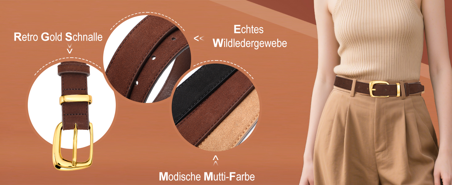 Жіночий шкіряний ремінь VONMELLI вінтажний замшевий, регульований для суконь, джинсів, костюмів з модною золотою пряжкою, колір хакі, розмір талії 66-77 см