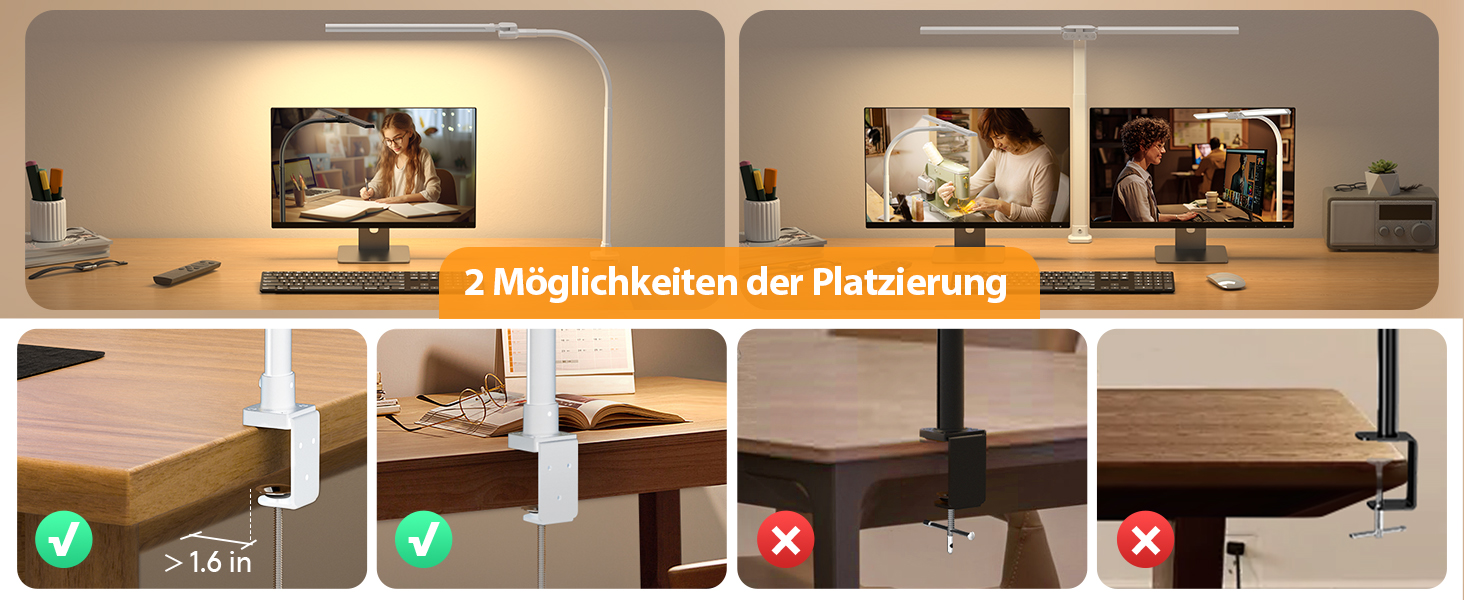 LED лампа настільна з двома головками, регульована яскравість, кріплення на струбцині, захист очей, денне світло, для офісу та ПК, RGB