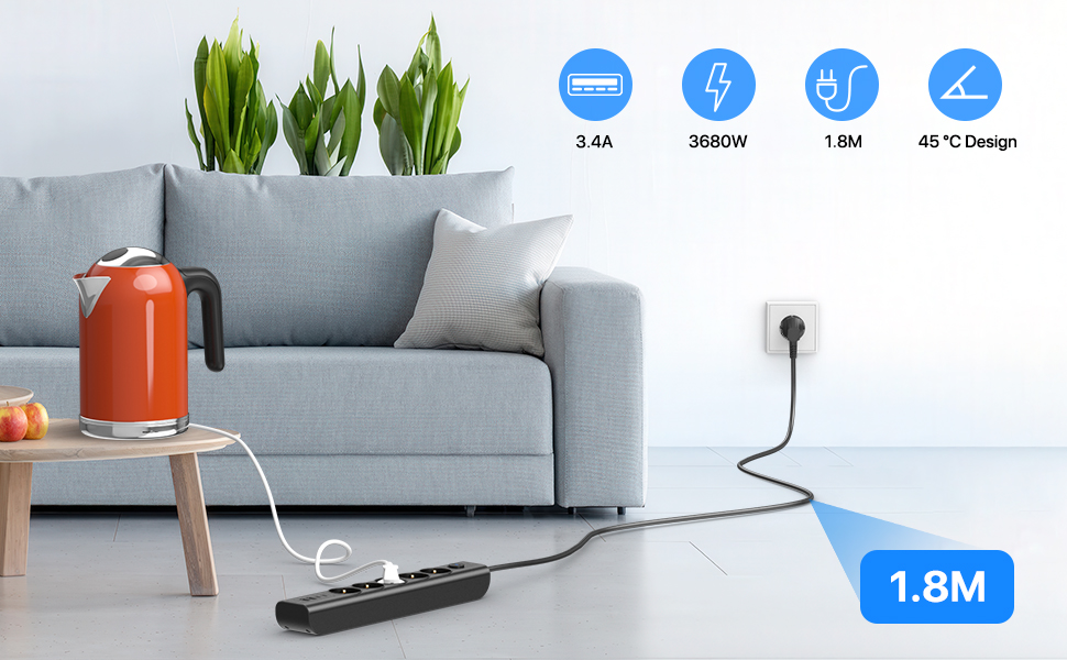 Мережевий фільтр Steckdose 8 в 1 з USB, 3680W, з вимикачем, 16A, 2 USB-C, для смартфонів, ноутбуків, iPad, 1.8M кабель, білий (чорний 5AC)
