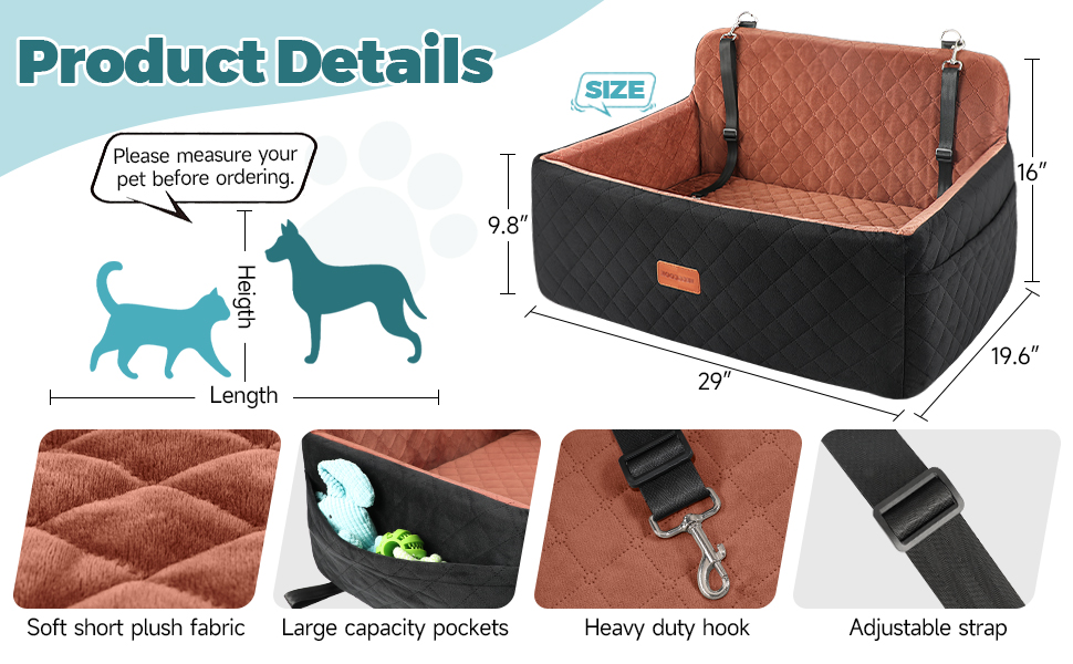 Автокрісло для собак середніх та великих порід, підйомник для собак, автоліжко для собак на заднє сидіння з 2 страхувальними ременями, чорно-коричневе