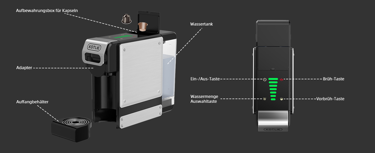 Кавомашина KOTLIE ST-550 Multi-Kapsel: 4-в-1 для Nes Original, Dolce Gusto, MIO та меленої кави, 19 Bar, 19 Bar, 7 рівнів об'єму води
