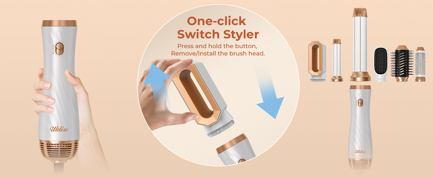 UKLISS 6-в-1 Стайлер для волосся з феном Pro, Набір для укладання волосся: плойка, випрямляч, фен, щітка для укладання, автоматична завивка, іонізація, Airbrush, подарунковий набір для жінок, блакитний (золотий)