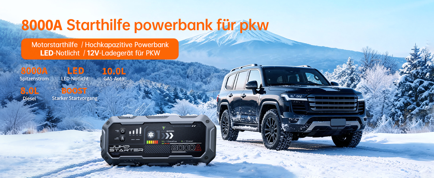 Бустер для автомобіля 8000A: Пусковий пристрій (Powerbank) для дизельних двигунів до 12л та бензинових до 10л