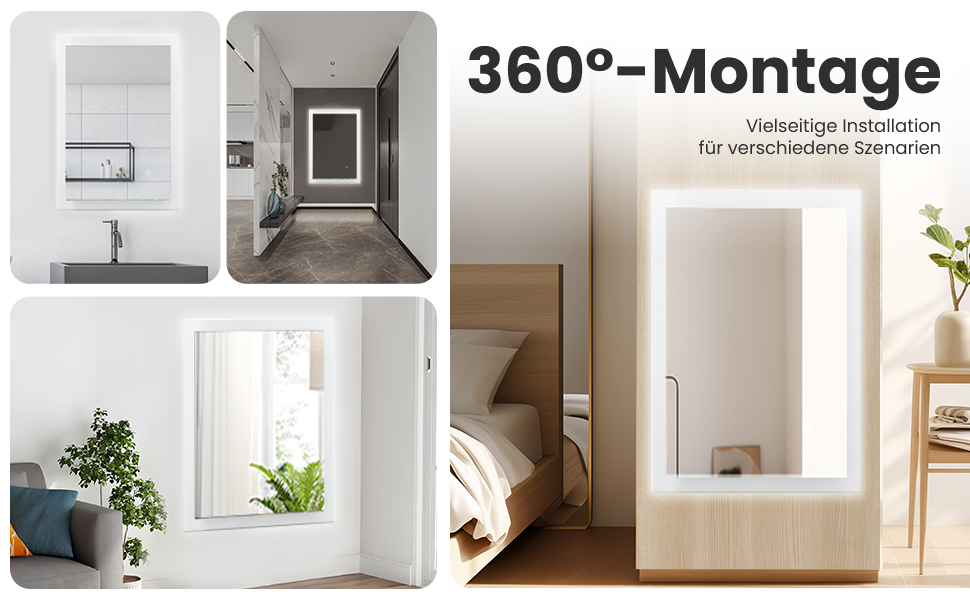 Дзеркало для ванної кімнати з підсвічуванням 70x50 см | LED дзеркало | IP54 вологостійке | Сенсорне управління | Настінне дзеркало | Горизонтальна/Вертикальна установка 6500K холодне біле світло